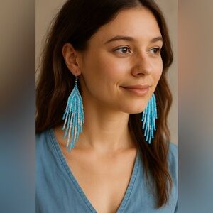 Chic Aqua Beaded Fringe Earrings
